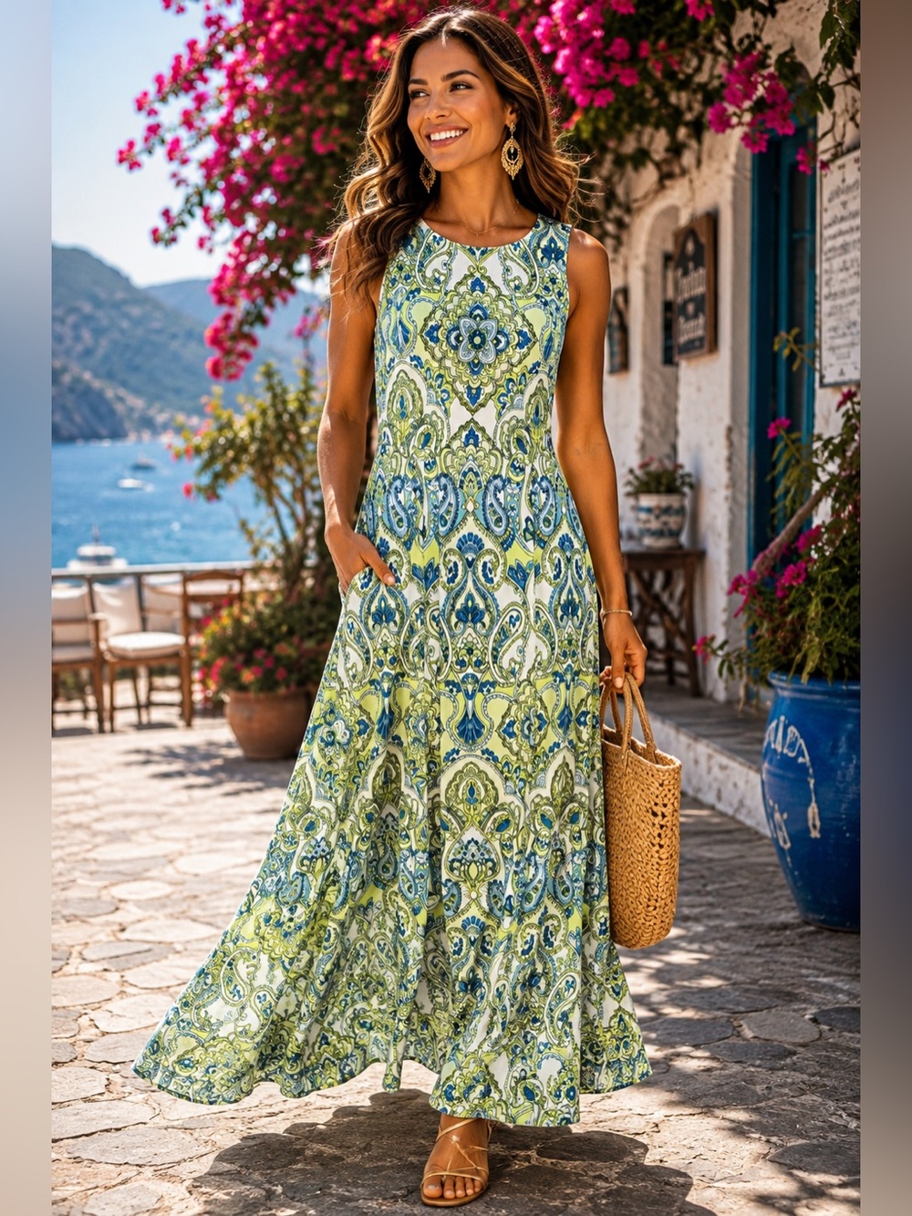 London Times Size 6 Paisley Maxi Dress Green Blue Sleeveless Keyhole Resort NWT